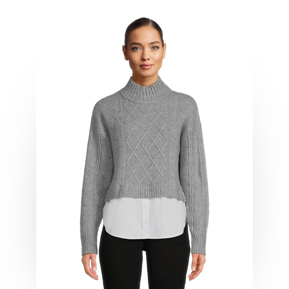 No Boundaries Grey Cable Knit Layered Mixed Media Mock Neck Sweater‎ Shirt Hem